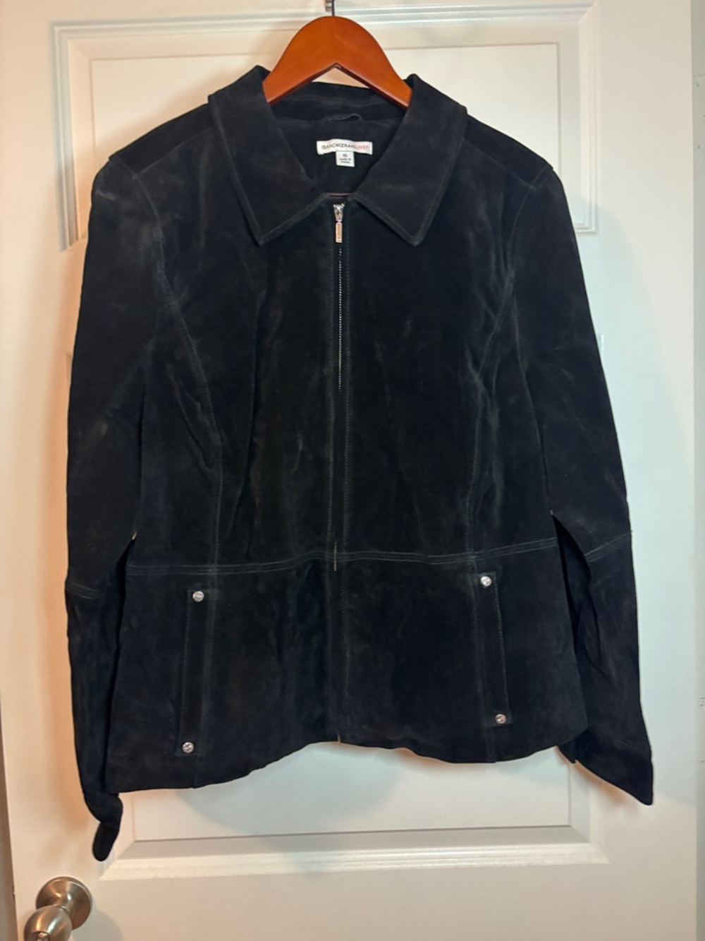 Isaac Mizrahi Black Suede Leather Zip-Front Jacket SZ 16 Silver accents grunge